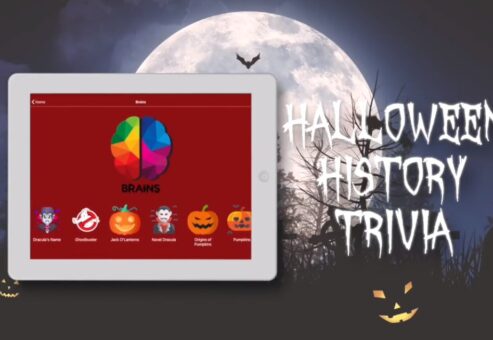 Tablet displaying the Quickfire Halloween trivia game, inviting participants to engage in spooky history and fun-filled challenges during the team building event.