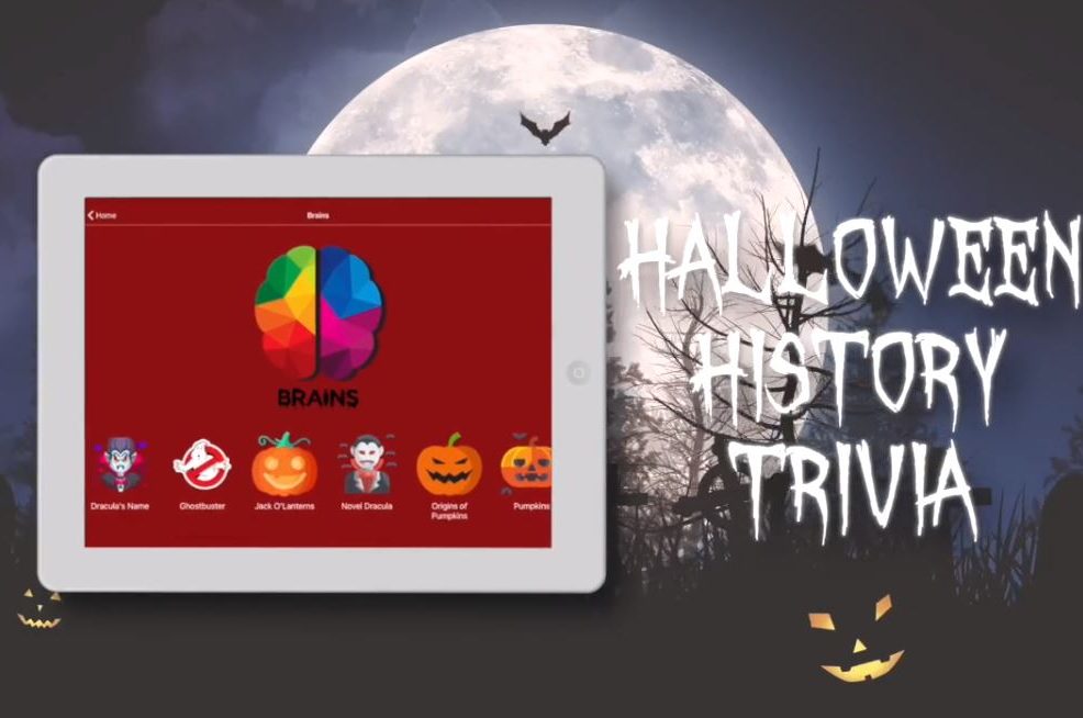 Tablet displaying the Quickfire Halloween trivia game, inviting participants to engage in spooky history and fun-filled challenges during the team building event.