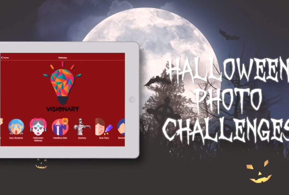 Tablet featuring Halloween photo challenges on the Quickfire Halloween app, setting the stage for creative and spooky team building fun.